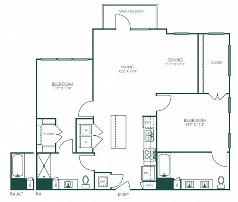 Floor plan for 2 beds, 2 baths, 1188 sqft